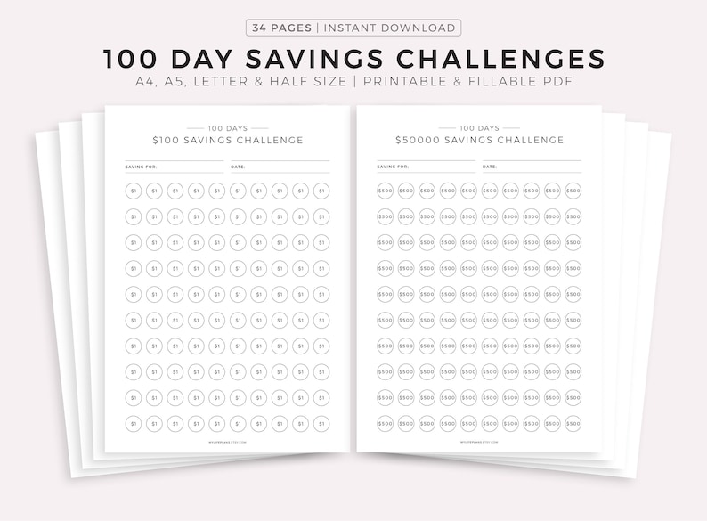 100 Day Money Saving Challenges Printable &amp; Fillable PDF - Etsy