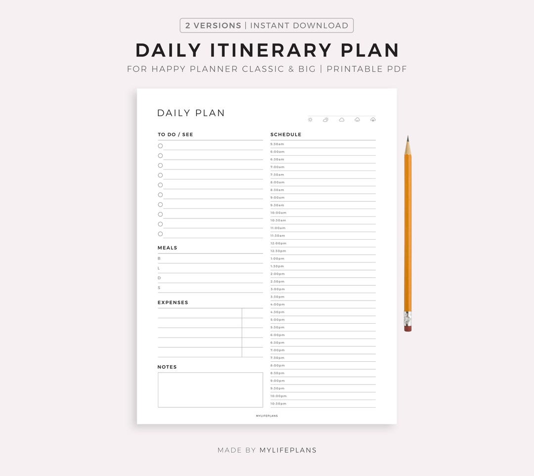 Daily Itinerary Planner, Printable for Happy Planner Classic and Big ...