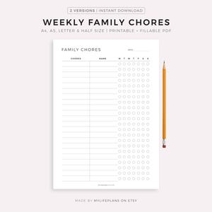 Simple Weekly Family Chores Printable, Kids & Adults House Responsibilities, Family Planner, Checklist Template, A4/A5/Letter/Half Size
