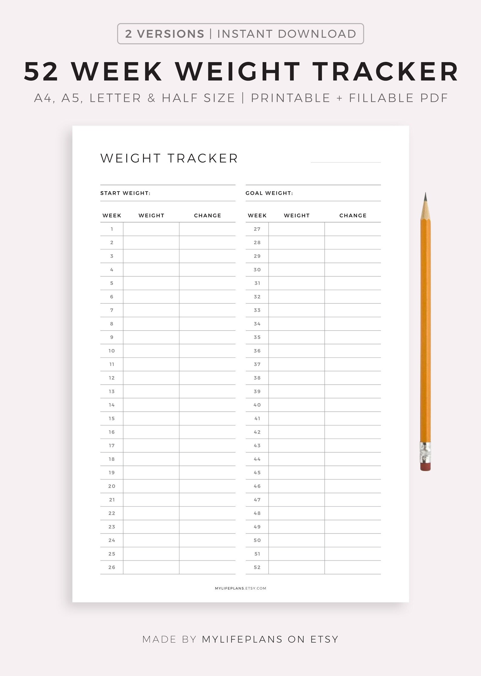 52 Week Weight Tracker Printable & Fillable Weight Loss - Etsy