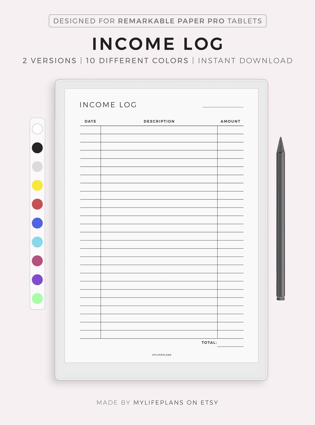 Weekly Income Log Income Log Template for Remarkable Paper Pro, Instant Download - Etsy