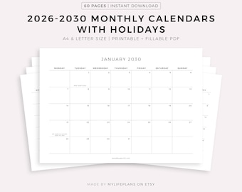 Calendários mensais de 2026 a 2030 com feriados, modelo de calendário para imprimir, formato paisagem, calendário minimalista, download instantâneo, A4/Carta