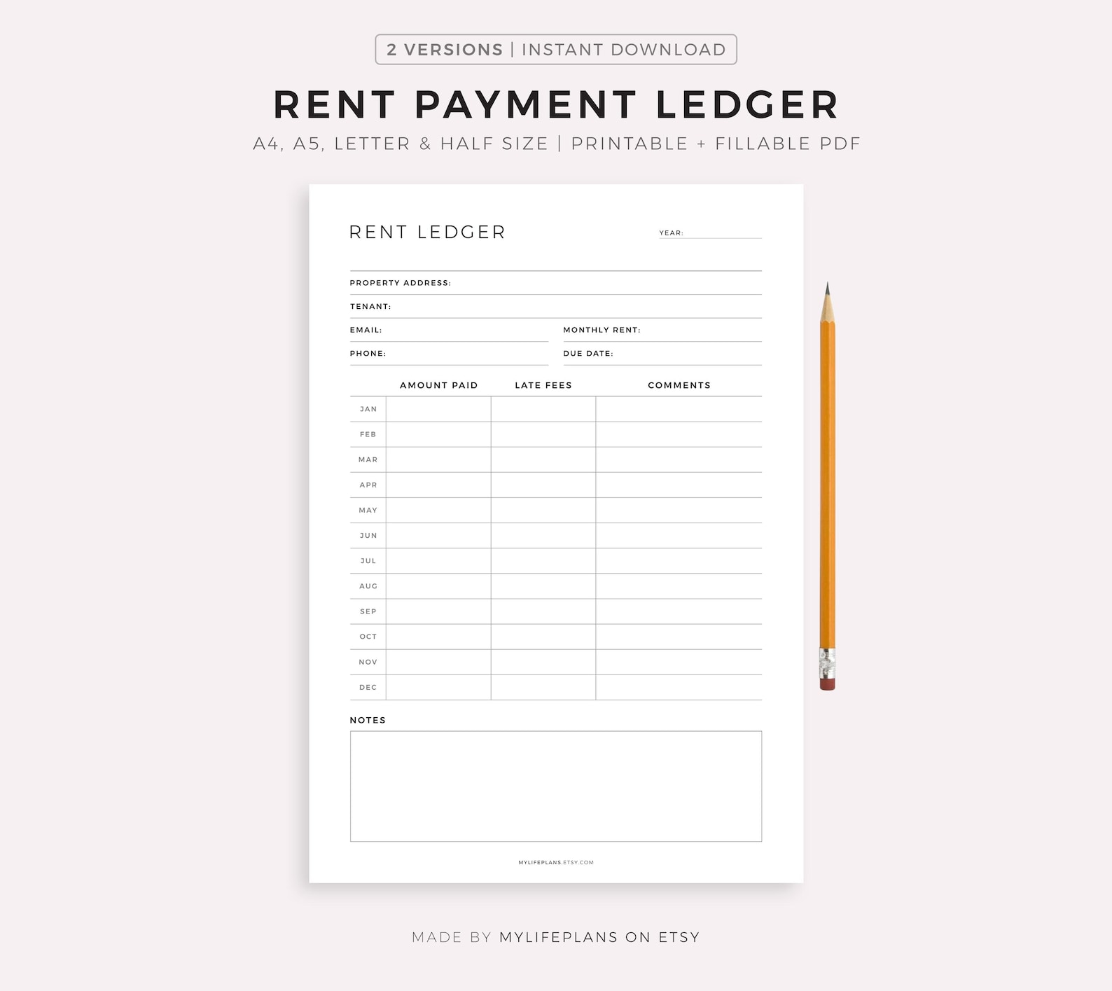 Rent Payment Ledger Printable, Tenant Payment Tracker, Monthly Rent ...