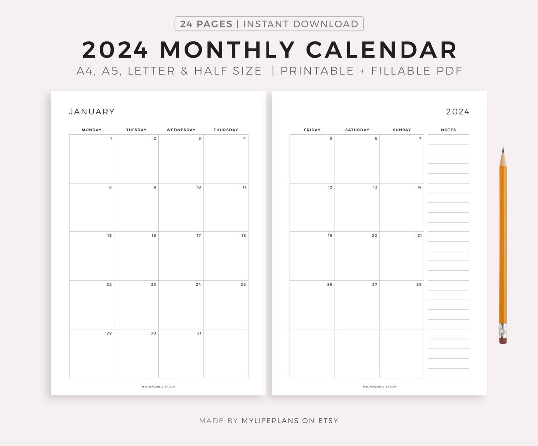 2024 Monthly Calendar on Two Pages With Notes, Printable Calendar ...