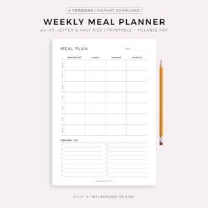Planificador de comidas semanal imprimible, planificador de menú de 7 días, planificador de preparación de comidas, planificador de comidas, tamaño A4/A5/carta/medio