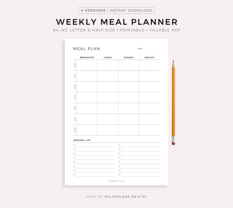 Printable Weekly Meal Planner, 7 Day Menu Planner, Meal Prep Planner, Food Planner, A4/A5/Letter/Half Size image 1