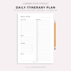 Daily Itinerary Planner, Vacation Day Planner, Travel Schedule, Daily Trip Itinerary, Travel Planning, A4/A5/Letter/Half, Instant Download