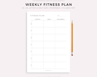 Planner settimanale di fitness stampabile, pianificatore di allenamenti, pianificatore di pasti, assunzione di vitamine, semplice diario di fitness, A4/A5/Lettera/Mezzo, download immediato