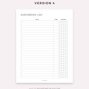 May include: A printable audiobook log with a title, time, and rating section. The rating section has five stars for each entry.