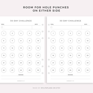 May include: A printable 30-day challenge tracker with two columns, each with 30 circles for marking off days. The tracker has space for a goal, date, and reward.
