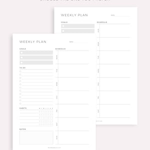May include: Two printable weekly planner templates with a black and white design. The planner includes sections for goals, to do, habits, and notes. The planner has a daily schedule for each day of the week. The text on the planner says "Sunday & Monday Starts" and "Choose the one you prefer".