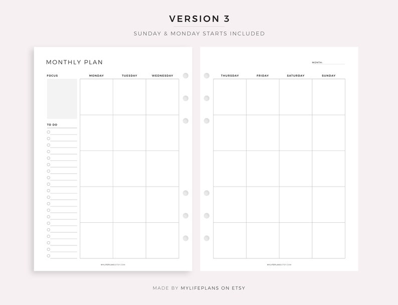 Printable Monthly Planner on Two Pages Month at a Glance - Etsy
