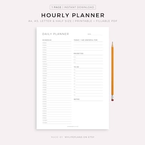 Planificador horario rellenable e imprimible, lista de tareas diarias, planificador sin fecha, inserto de planificador diario, tamaño A5/mediano/A4/carta