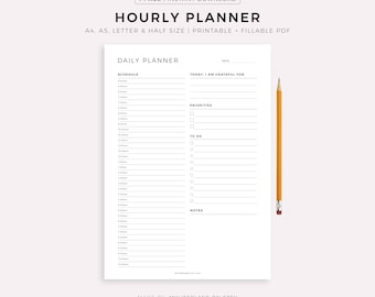 Fillable Hourly Planner Printable, Daily To Do List, Undated Planner, Daily Planner Insert, A5/Half Size/A4/Letter