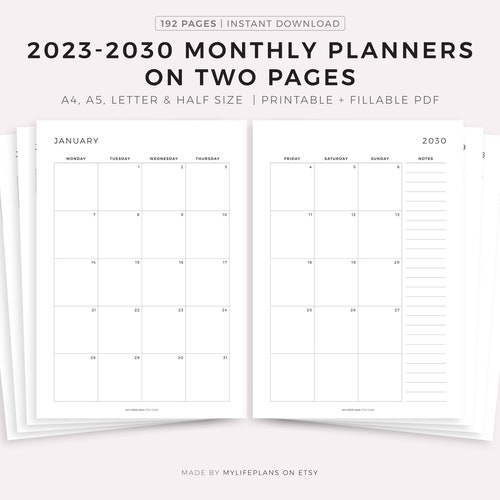 2023-2030 Monthly Calendars on Two Pages With Notes Printable - Etsy