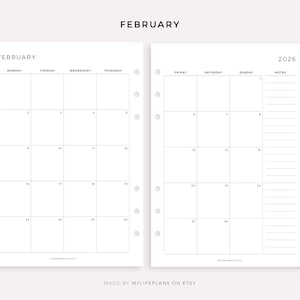 Pode incluir: Uma apresenta&ccedil;&atilde;o de planejador minimalista de duas p&aacute;ginas para fevereiro de 2026. A p&aacute;gina esquerda exibe uma grade de calend&aacute;rio mensal, enquanto a p&aacute;gina direita inclui uma grade de calend&aacute;rio e uma se&ccedil;&atilde;o de notas. A palavra "FEBRUARY" est&aacute; no topo.