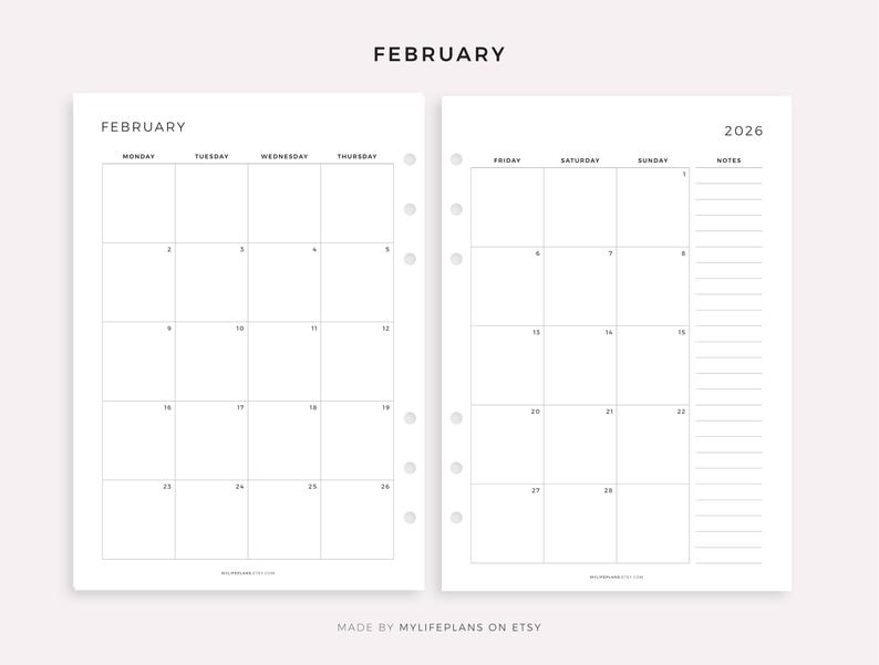 Pode incluir: Uma apresenta&ccedil;&atilde;o de planejador minimalista de duas p&aacute;ginas para fevereiro de 2026. A p&aacute;gina esquerda exibe uma grade de calend&aacute;rio mensal, enquanto a p&aacute;gina direita inclui uma grade de calend&aacute;rio e uma se&ccedil;&atilde;o de notas. A palavra "FEBRUARY" est&aacute; no topo.