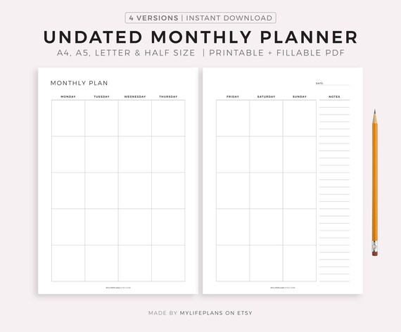 Undated Monthly Planner Printable, Month on Two Pages, Month at a Glance, Monthly Calendar Inserts, Sunday/monday Start, A4/a5/letter/half - Etsy Undated Monthly Planner Printable, Month on Two Pages, Month at a Glance, Monthly Calendar Inserts, Sunday/monday Start, A4/a5/letter/half - Etsy