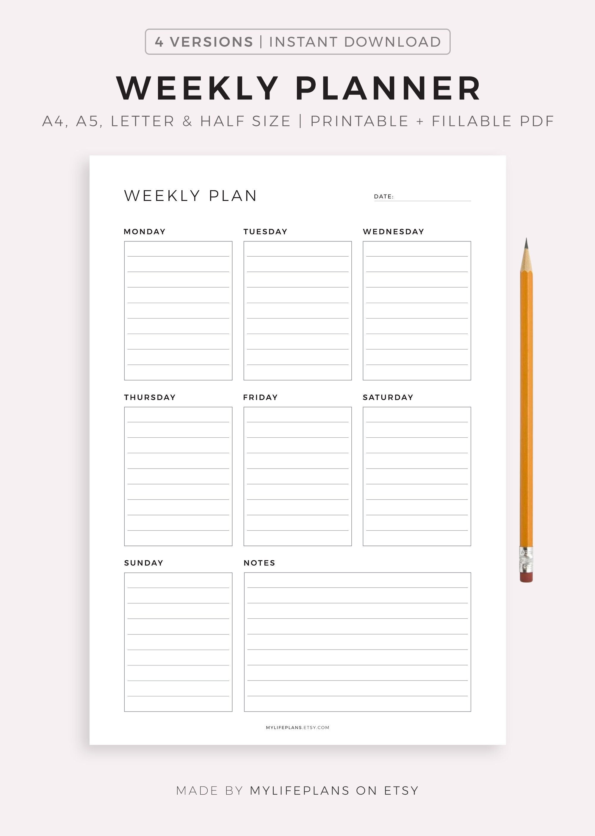 Week Planner to Print Undated, Perpetual Refill for Weekly