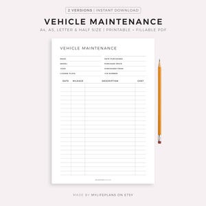 Onderhoudslogboek voertuig, voertuigservicetracker, voertuigreparaties, voertuigkostentracker, A4/A5/Letter/Half, pdf-bestand direct te downloaden
