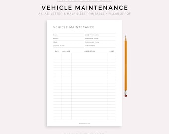 Vehicle Maintenance Log Book, Vehicle Service Tracker, Vehicle Repairs, Vehicle Expense Tracker, A4/A5/Letter/Half, Instant Download PDF