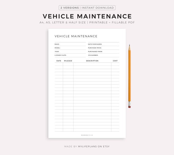 Vehicle Maintenance Log Book, Vehicle Service Tracker, Vehicle Repairs, Vehicle Expense Tracker, A4/A5/Letter/Half, Instant Download PDF