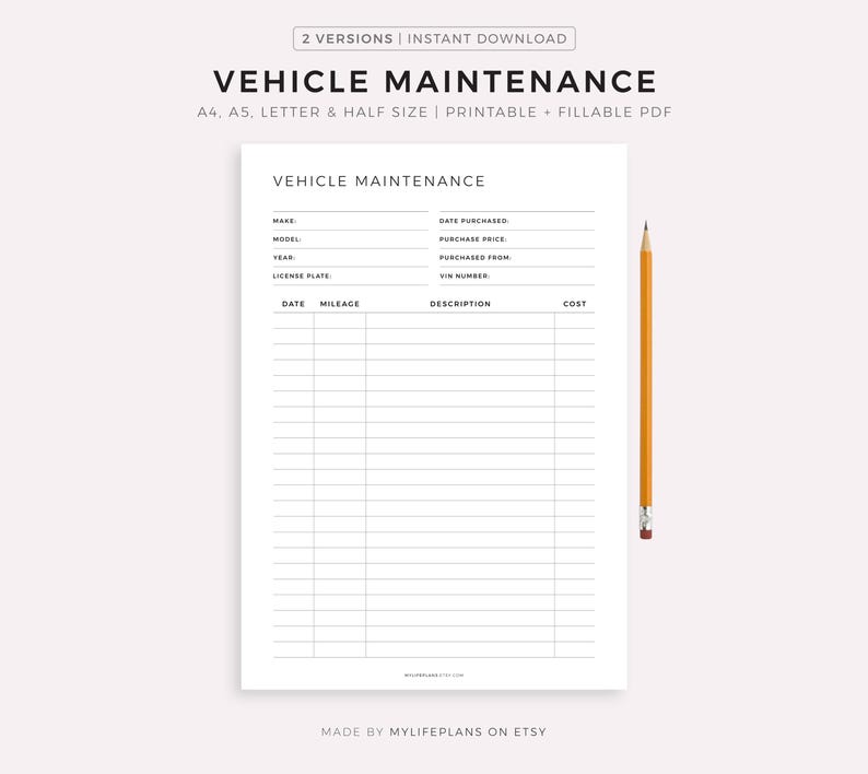 Vehicle Maintenance Log Book, Vehicle Service Tracker, Vehicle Repairs, Vehicle Expense Tracker, A4/A5/Letter/Half, Instant Download PDF image 1