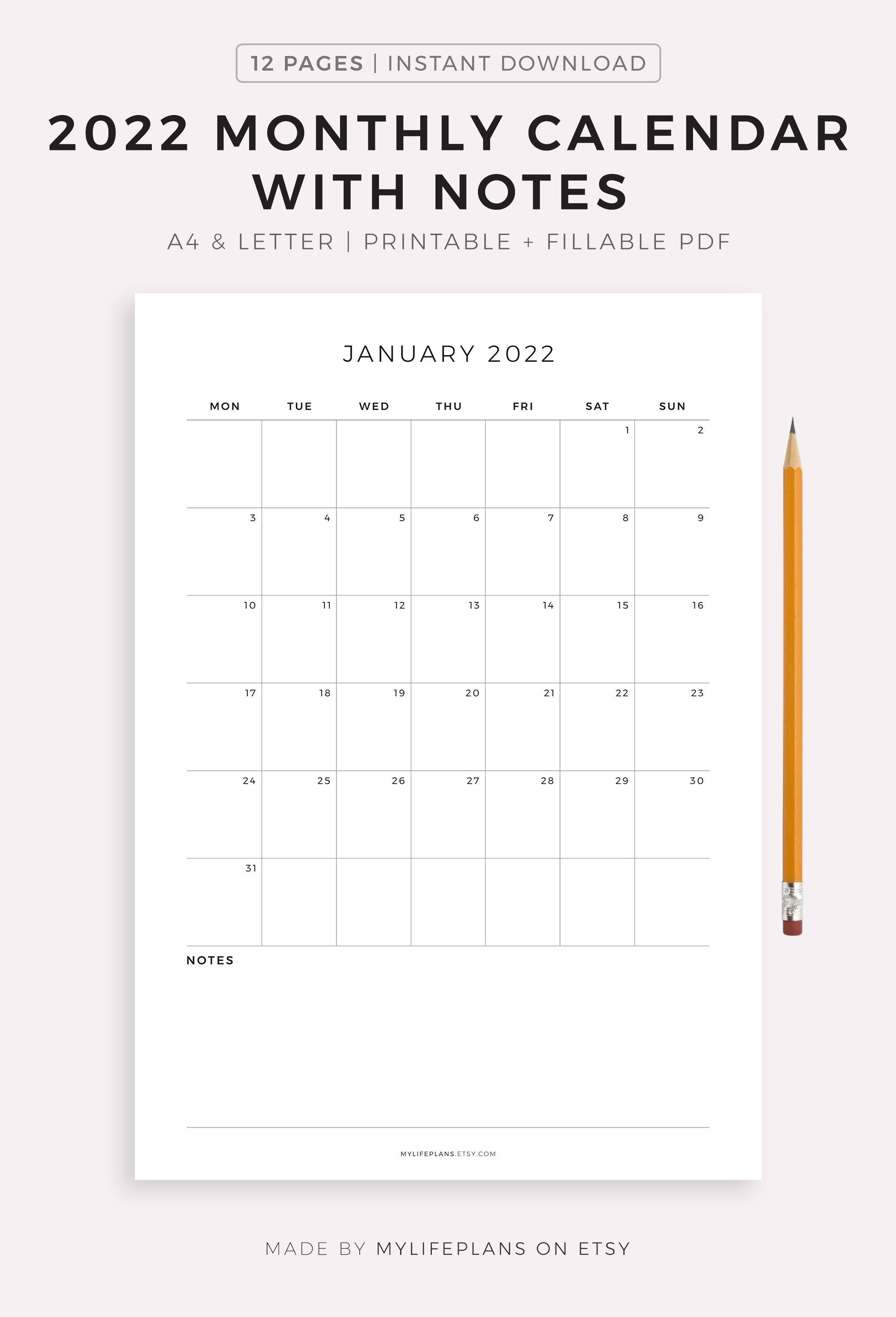 2022 monthly calendar with notes printable calendar template etsy new zealand