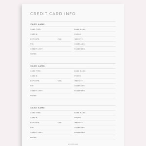 Credit Card Information Tracker, Credit Card Log, Compatible With ...