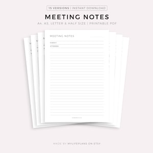 Modelli stampabili di semplici note di riunione, verbali di riunione, note di lavoro, note di ufficio, note di progetto, A4/A5/Lettera/Metà, download immediato in PDF