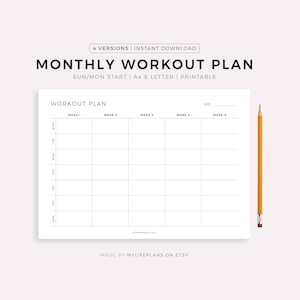 May include: A white printable monthly workout plan with a grid layout for tracking exercises. The plan includes sections for each day of the week and five weeks. A yellow pencil is positioned to the right. Text includes "MONTHLY WORKOUT PLAN" and "WORKOUT PLAN".