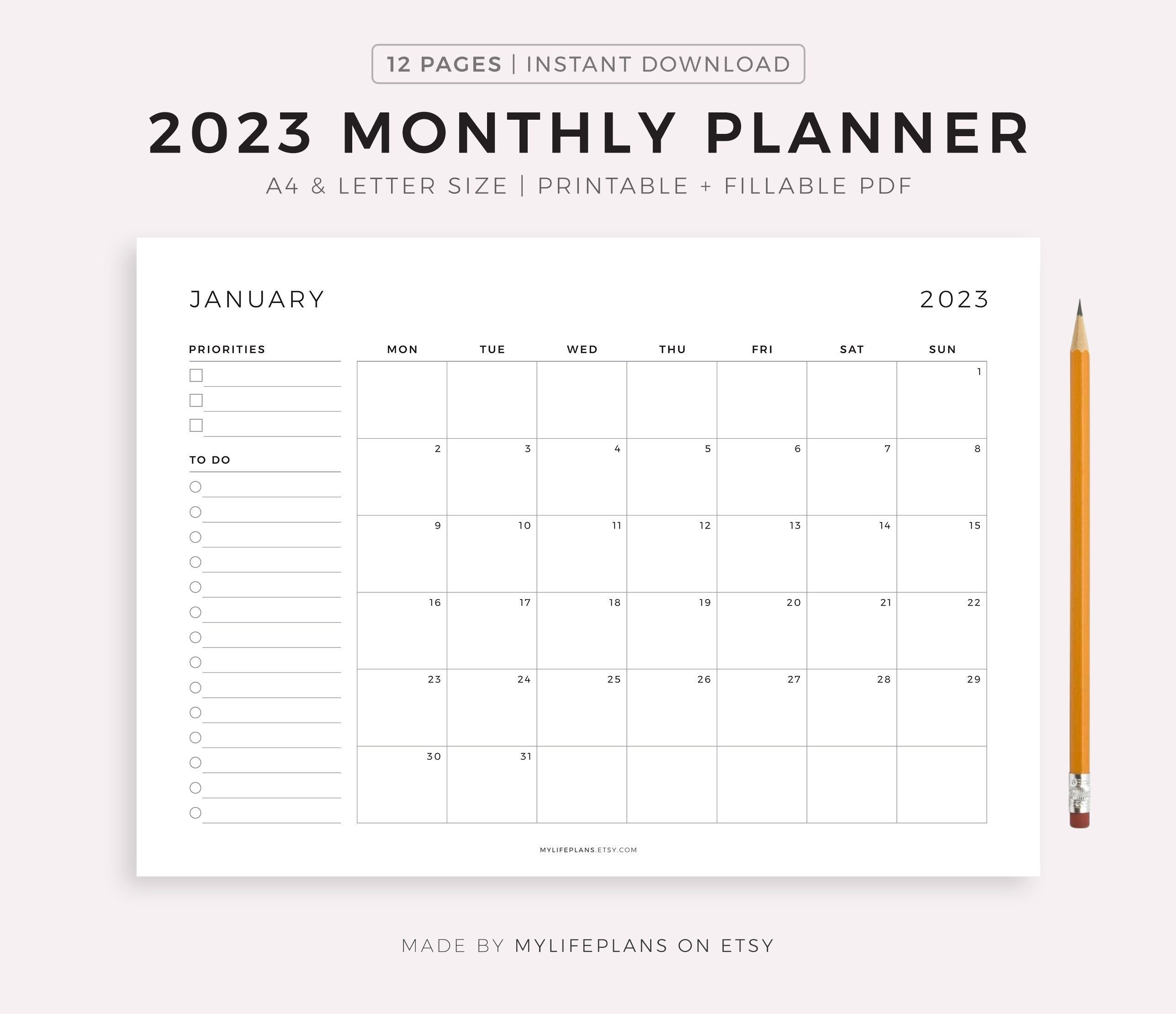 2023 Monthly Planner on One Page Landscape Monthly Organizer