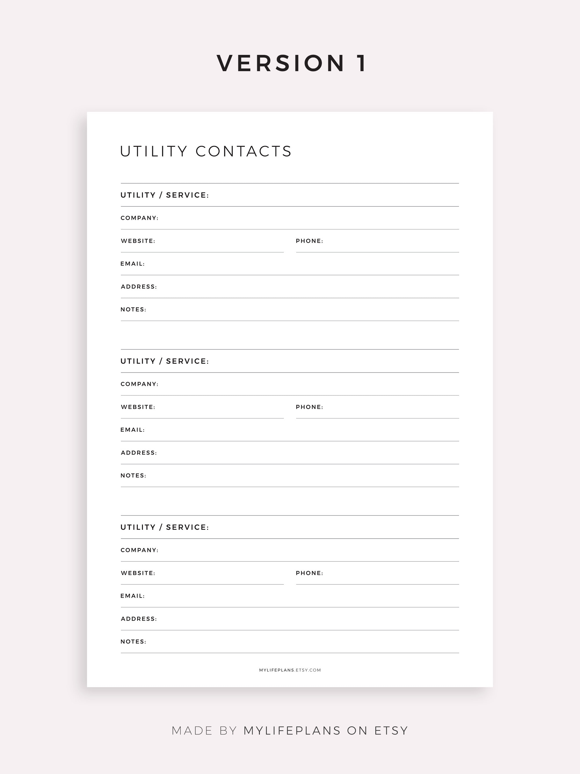 Utility Contacts Printable Template for Home / Business - Etsy