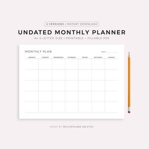 Undated Monthly Planner Printable Landscape, Monday & Sunday Start, Ink Friendly Minimalist Design, Instant Download, A4/Letter