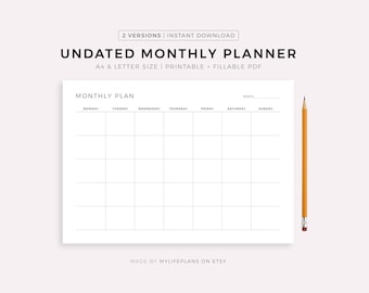 Undated Monthly Planner Printable Landscape, Monday & Sunday Start, Ink Friendly Minimalist Design, Instant Download, A4/Letter