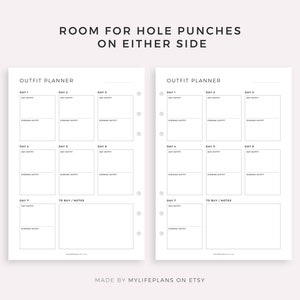 May include: Printable planner pages for outfit planning. The pages are divided into sections for each day of the week, with space for morning and evening outfits. There is also a section for to buy/notes.