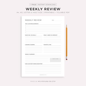 Weekly Review, Weekly Reflection, Weekly Evaluation, Weekly Summary, Printable Insert Template, A4/A5/Letter/Half, Instant Download PDF