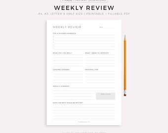 Weekly Review, Weekly Reflection, Weekly Evaluation, Weekly Summary, Printable Insert Template, A4/A5/Letter/Half, Instant Download PDF