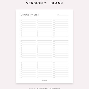 May include: A printable grocery list template with the title "Grocery List" and a space for the date. The list is divided into three columns with checkboxes and lines for writing items.
