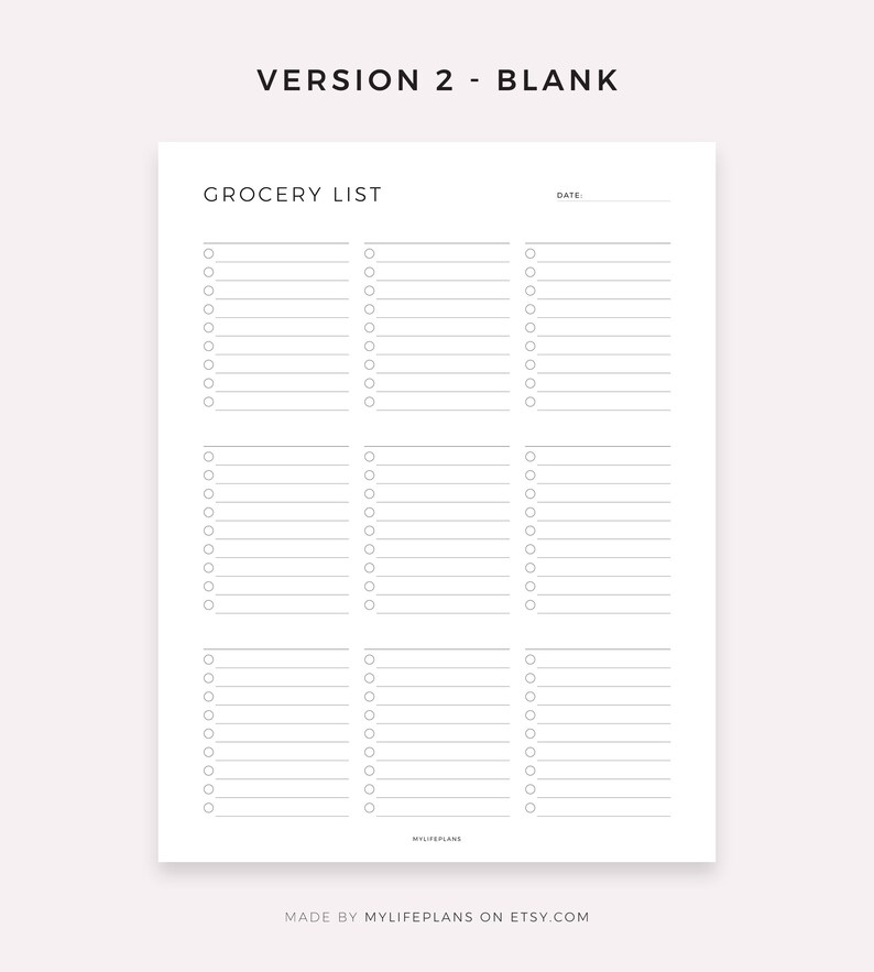 May include: A printable grocery list template with the title "Grocery List" and a space for the date. The list is divided into three columns with checkboxes and lines for writing items.