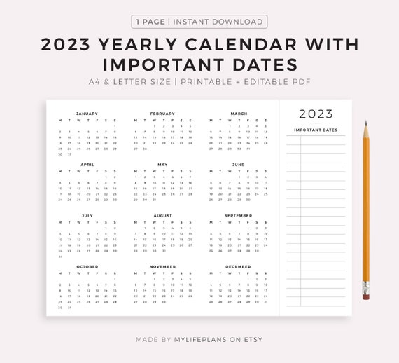 2023 Calendar With Important Dates Year Calendar On One Page Etsy 