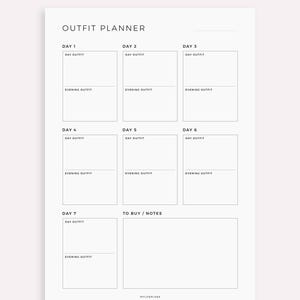 May include: A printable outfit planner with seven days of the week, a section for to buy/notes, and the text "Version 1" and "MyLifePlans" at the top and bottom of the page.