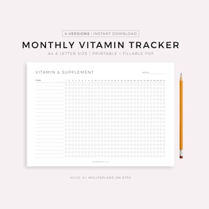 Rastreador mensual de vitaminas imprimible horizontalmente, lista de suplementos, recordatorio de ingesta de vitaminas, planificador de salud y fitness, tamaño A4/Carta