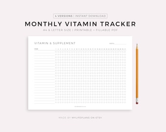 Planilha Mensal de Acompanhamento de Vitaminas para Imprimir, Formato Paisagem, Lista de Verificação de Suplementos, Lembrete de Ingestão de Vitaminas, Planejador de Saúde e Fitness, A4/Carta