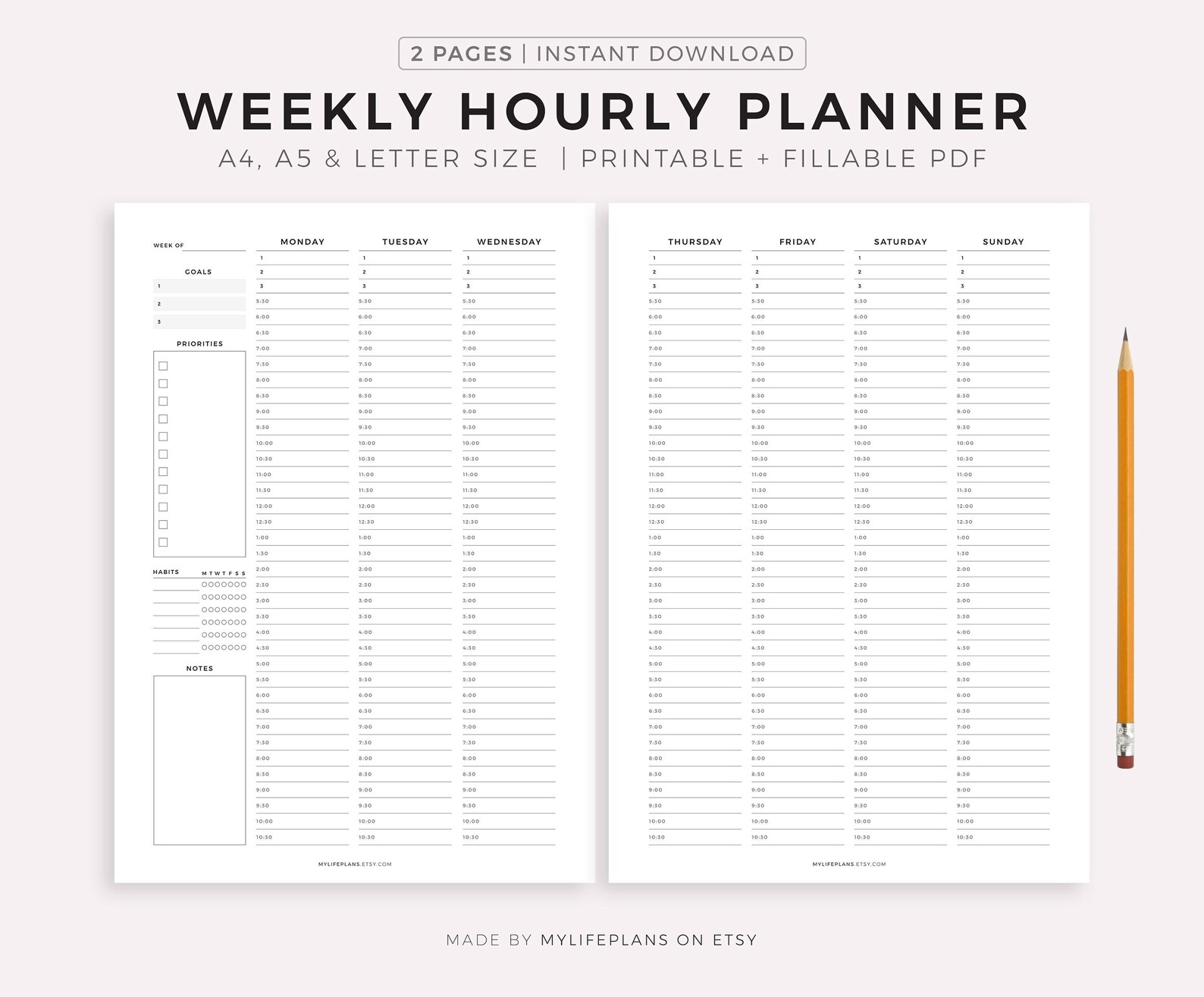 Weekly Planner Daily Planner Hourly Planner to Do List Etsy