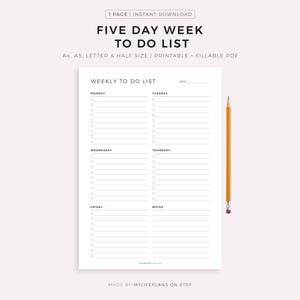 Five Day Week To Do List Printable, Minimal Weekly Planner Template, Student/Teacher Planner, Work/Office Planner, Week At a Glance