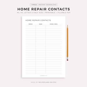 Home Repair Contacts, Repairman Contacts, Home Maintenance, Home Management, A4/A5/Letter/Half Size, Instant Download PDF image 1