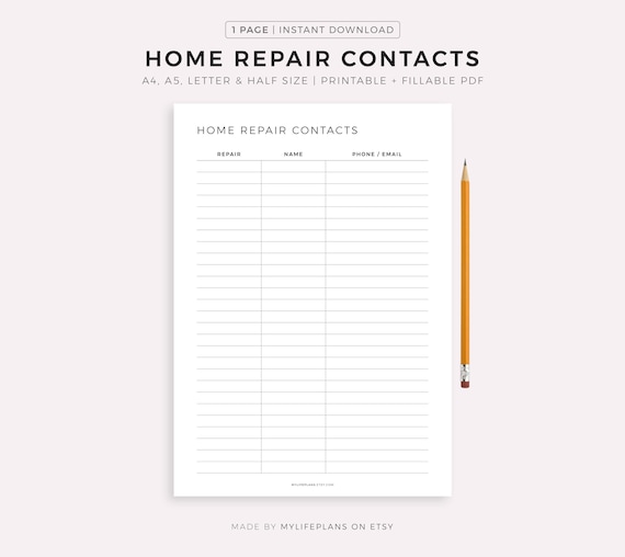 Home Repair Contacts, Repairman Contacts, Home Maintenance, Home Management, A4/A5/Letter/Half Size, Instant Download PDF