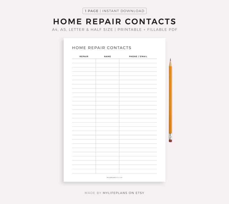Home Repair Contacts, Repairman Contacts, Home Maintenance, Home Management, A4/A5/Letter/Half Size, Instant Download PDF image 1