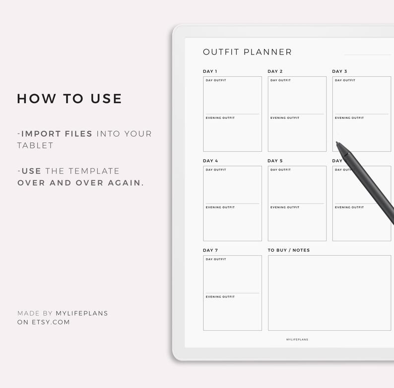 May include: A white digital planner with a black outline and the text "OUTFIT PLANNER" at the top. The planner is divided into seven days, with space for "Day Outfit" and "Evening Outfit" for each day. There is also a section for "To Buy/Notes".